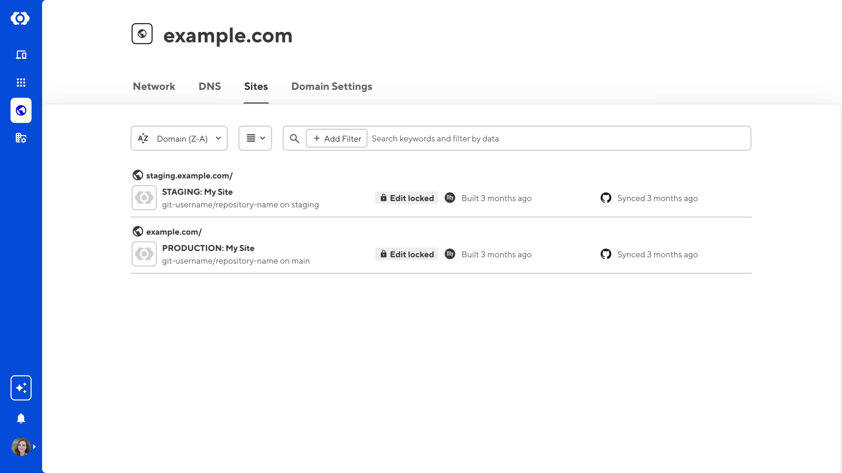 A screenshot of the Domain page Sites tab shows a list of all CloudCannon Sites on a Custom Domain.